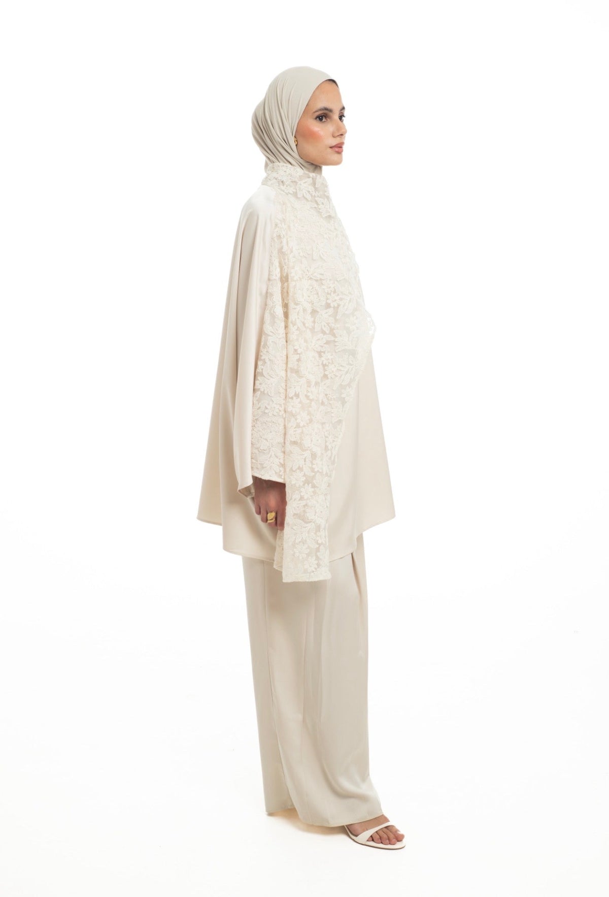 Batwing Lace Shawl Top | Soft Ivory - Byqaaf