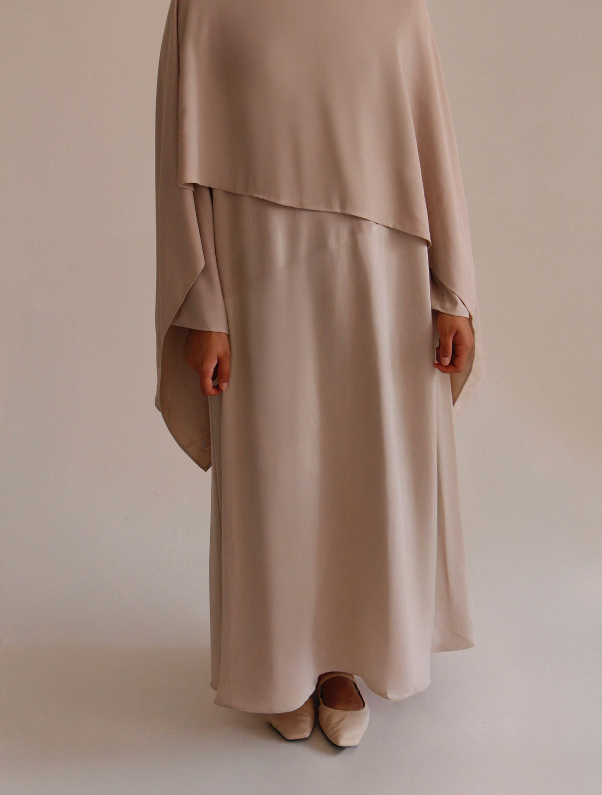 Half Plain Half Satin Dress + Hijab | Beige - Byqaaf