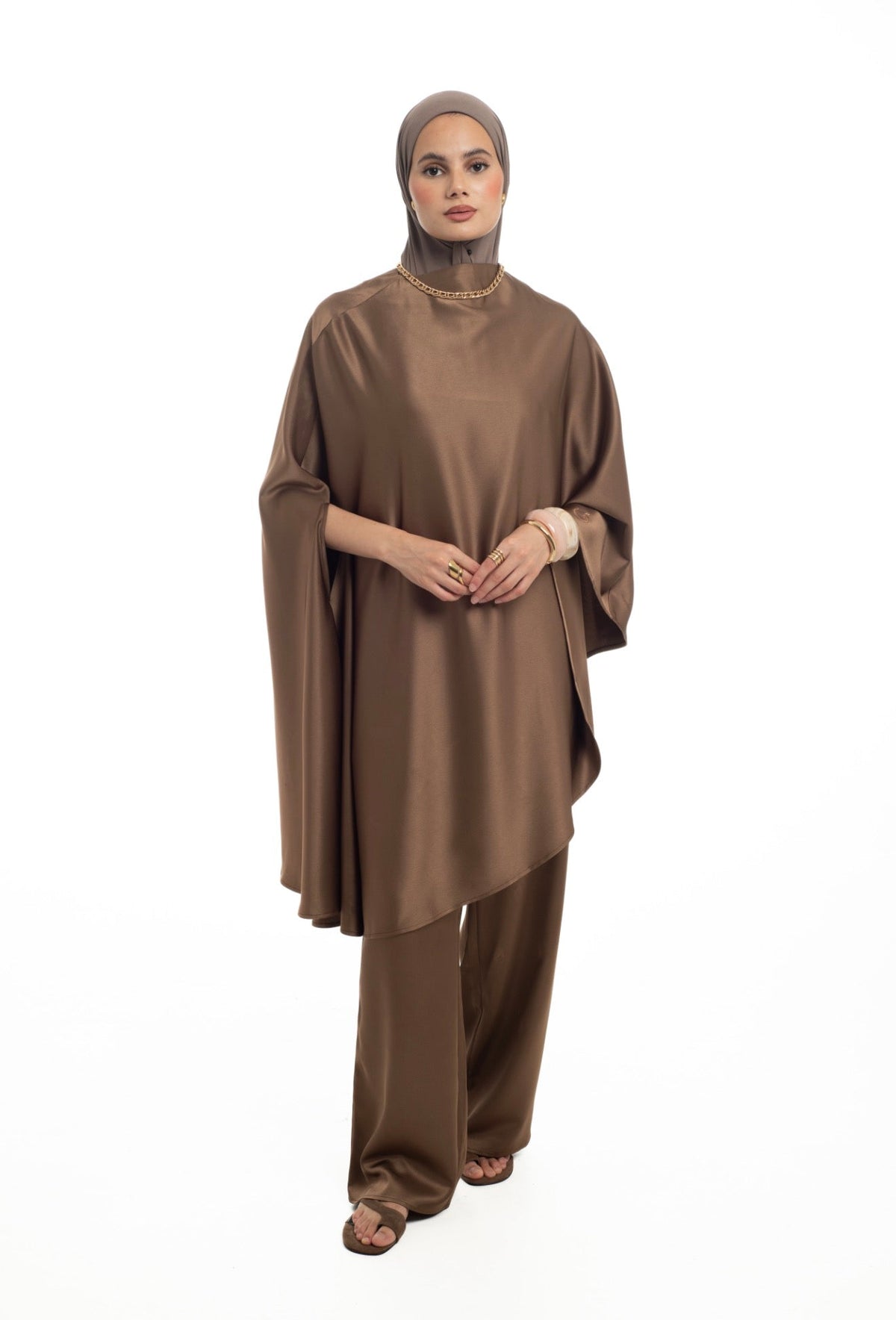 One Sided Drape Cape Top | Toasted Almond - Byqaaf
