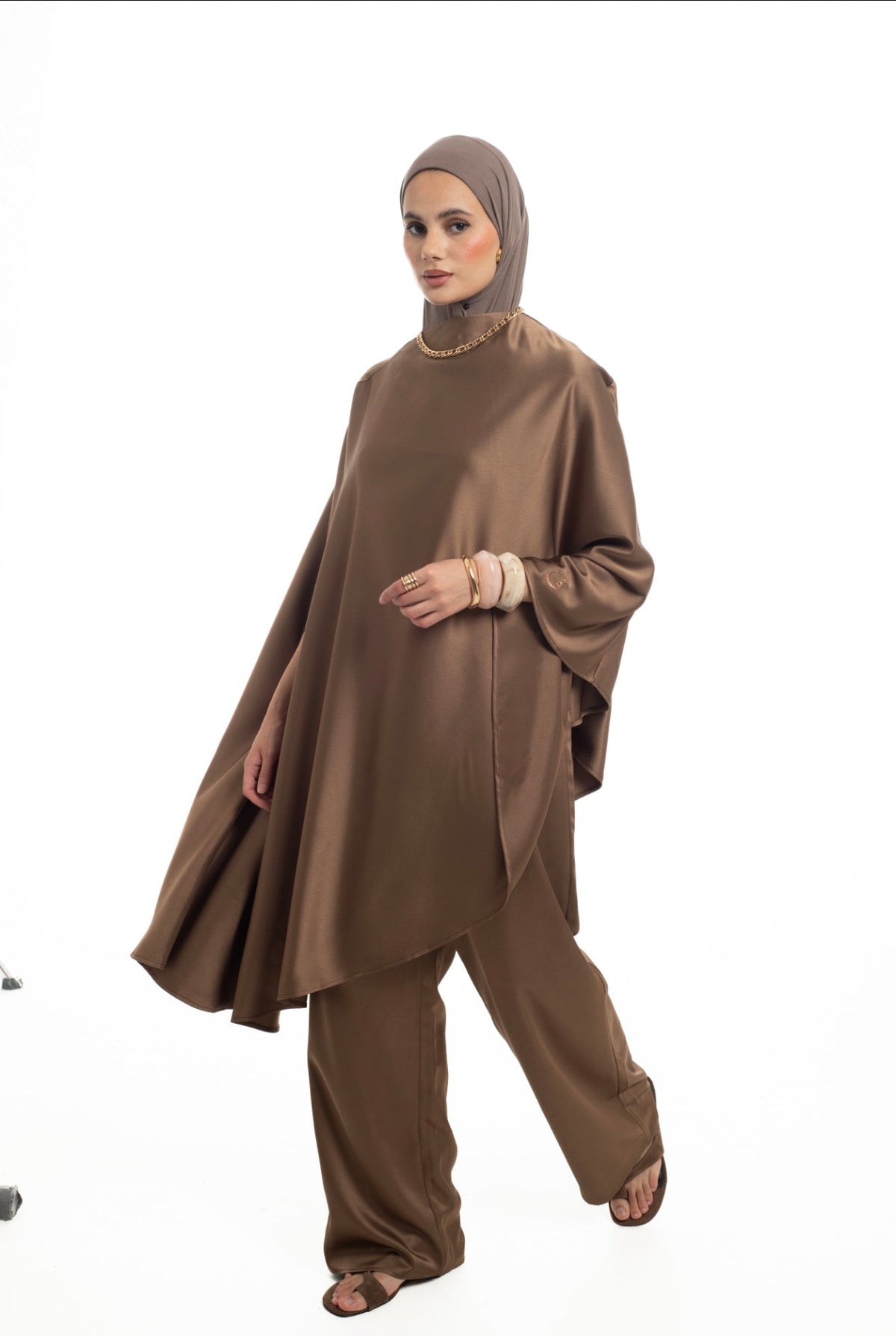 One Sided Drape Cape Top | Toasted Almond - Byqaaf