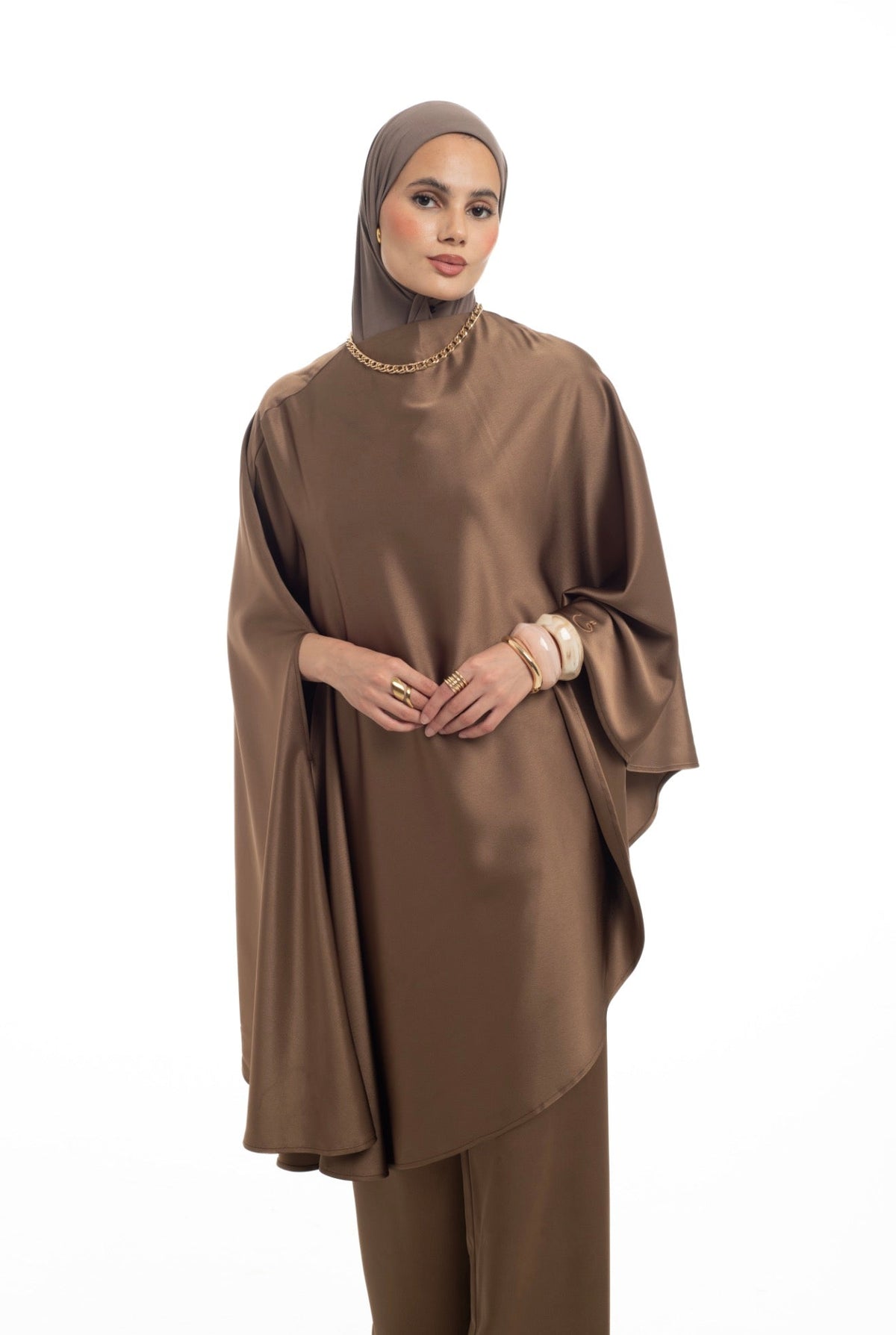One Sided Drape Cape Top | Toasted Almond - Byqaaf