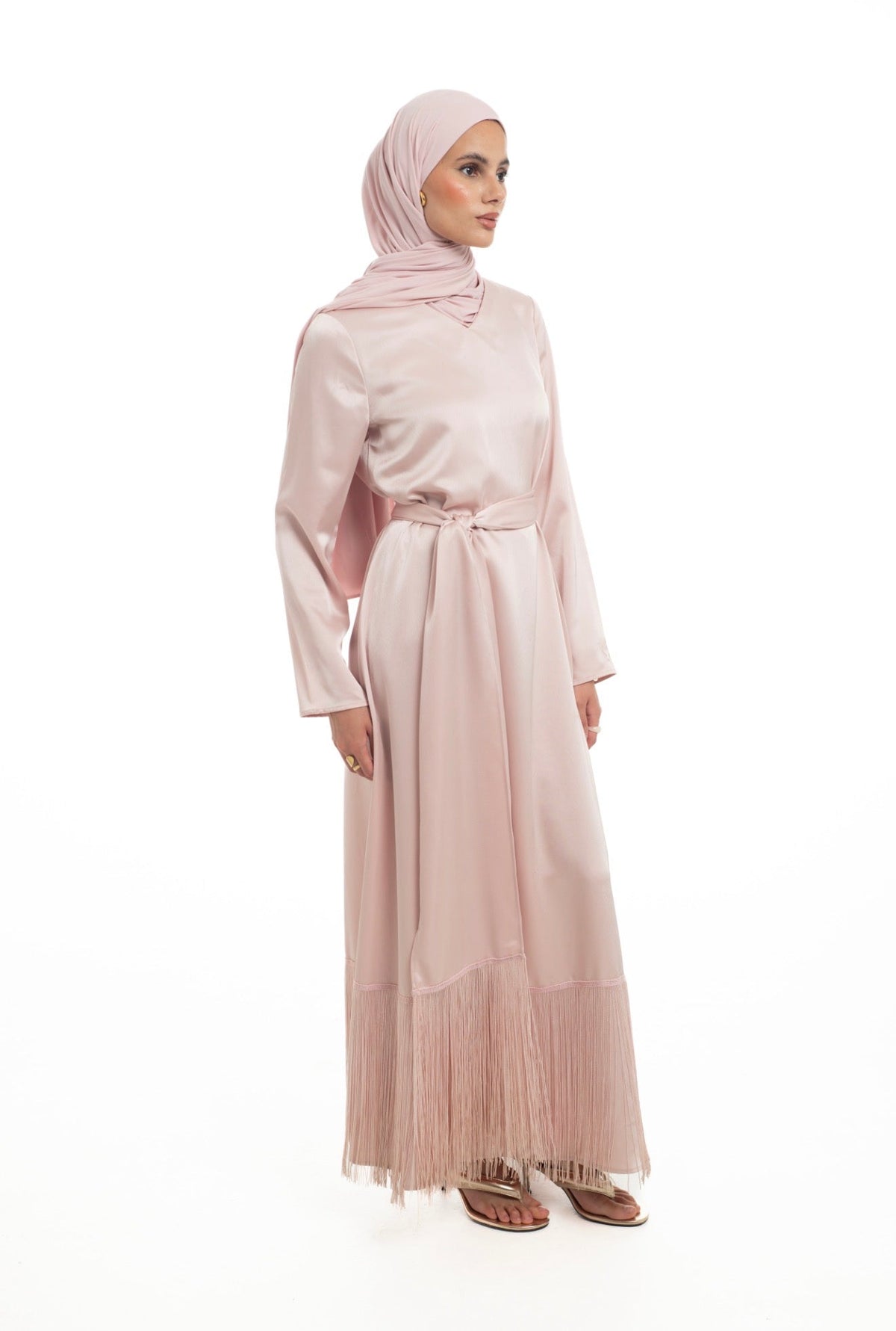 Satin Scarf Frill Dress | Soft Blush - Byqaaf