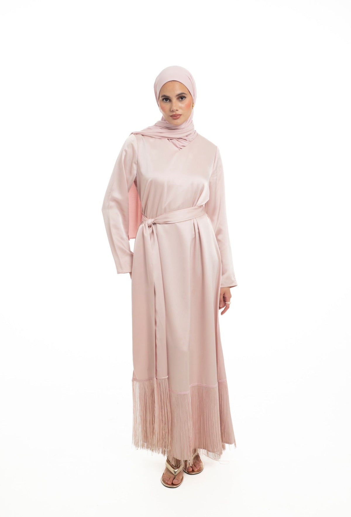 Satin Scarf Frill Dress | Soft Blush - Byqaaf